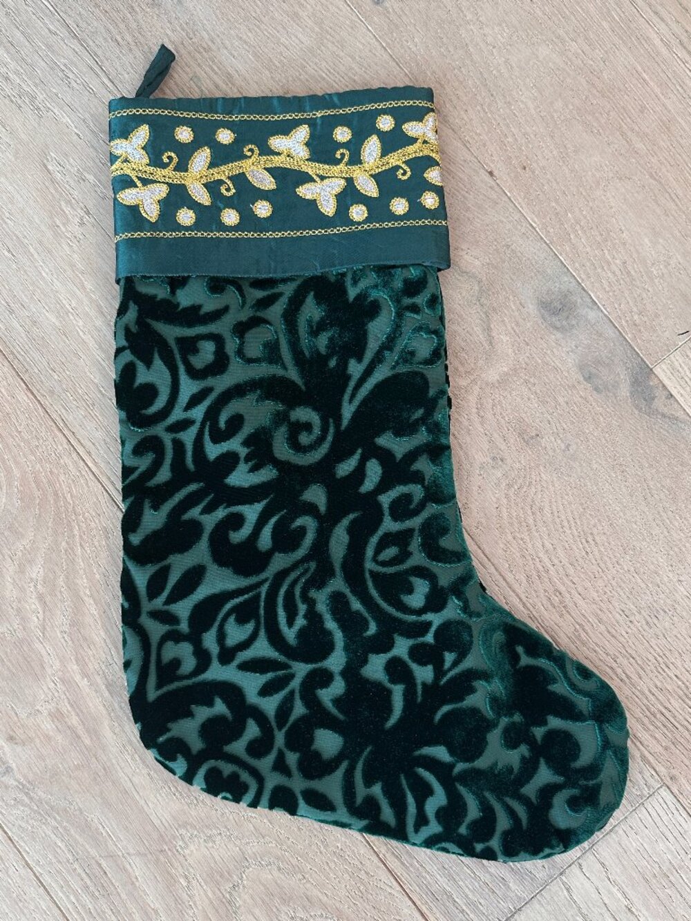 Green Velvet Christmas Stocking With Gold Embroidery